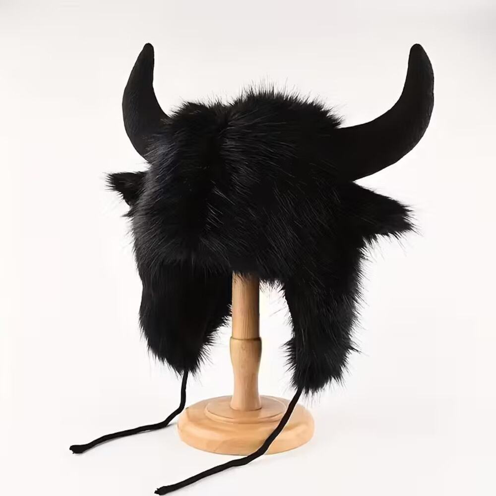 Warm Furry Winter Ox, Cow, Buffalo, Yak Horn Ear Cosplay Fuzzy Hat - Black